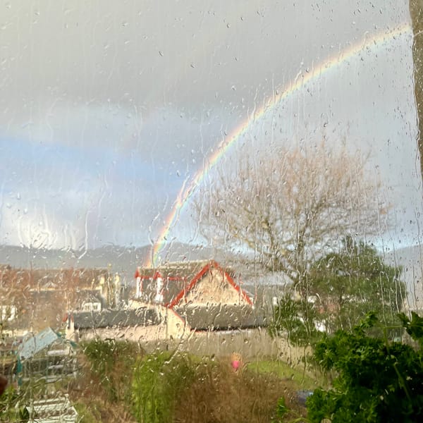 a double rainbow is visible above houses and gardens, behind a window covered in streaks of rain