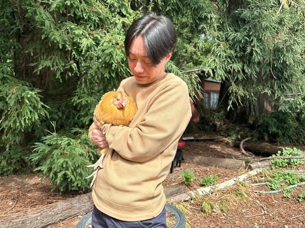 Avi holding a chicken in front of trees